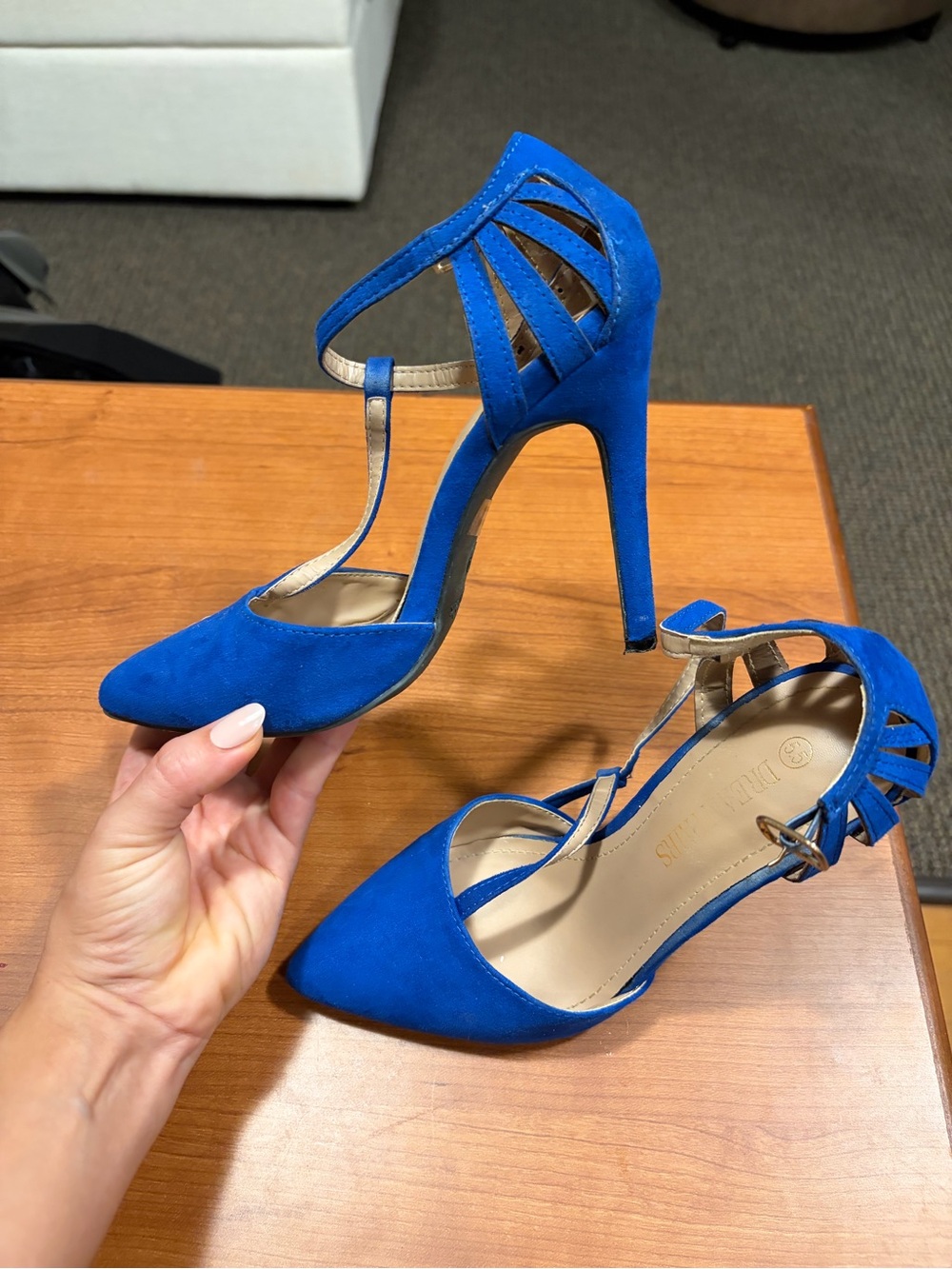 Blue Suede T-Strap High Heel Pumps